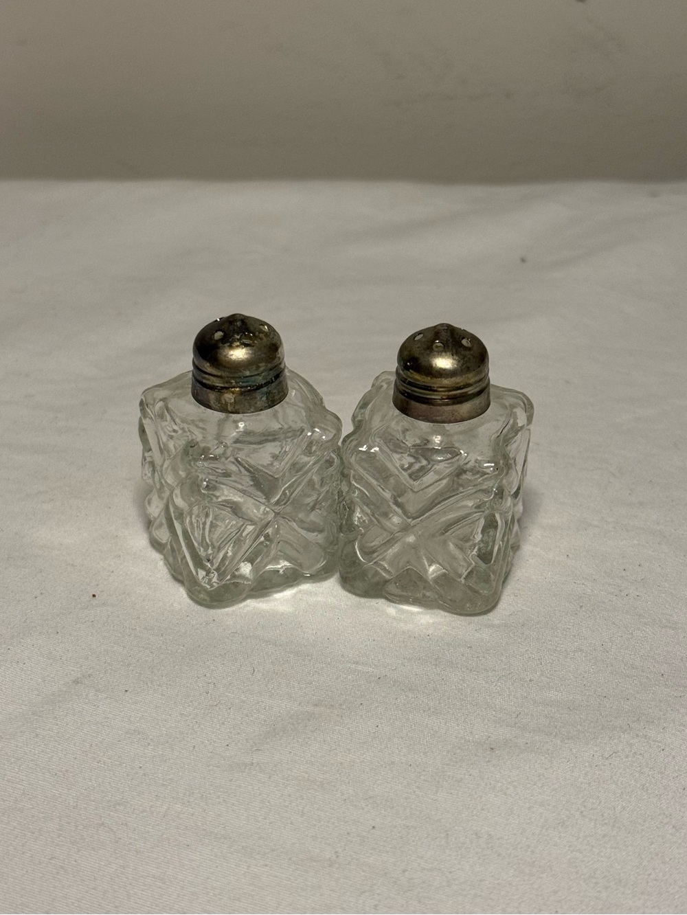 Vintage Pair of Mini Salt Pepper Shakers Cut Glass Diamond Pattern Screw On Tops